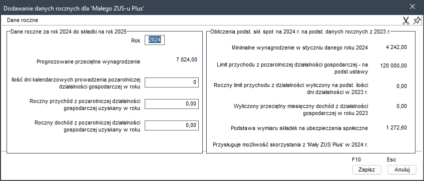 WAPRO Kaper. Okno - Edycja danych rocznych dla &quot;Małego ZUS-Plus&quot;