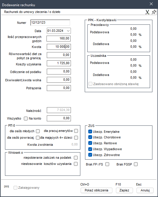 WAPRO Kaper. Okno - Edycja rachunku