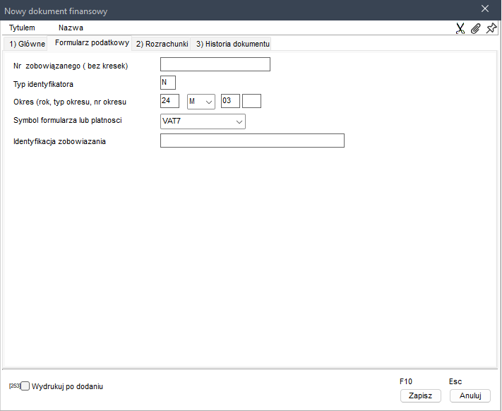 WAPRO Kaper. Okno edycji dokumentu finansowego – Zakładka &quot;Formularz podatkowy&quot;