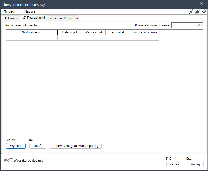 WAPRO Kaper. Okno edycji dokumentu finansowego – Zakładka &quot;Rozrachunki&quot;