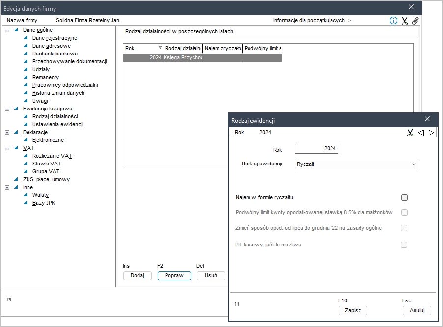 WAPRO Kaper. Okno - Edycja danych firmy, Edycja rodzaju ewidencji