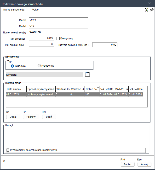 WAPRO Kaper. Okno - Dodawanie historii samochodu
