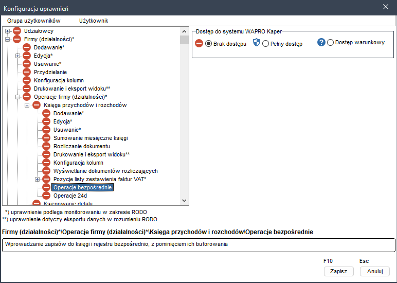 WAPRO Kaper. Uprawnienia dostępu do księgi