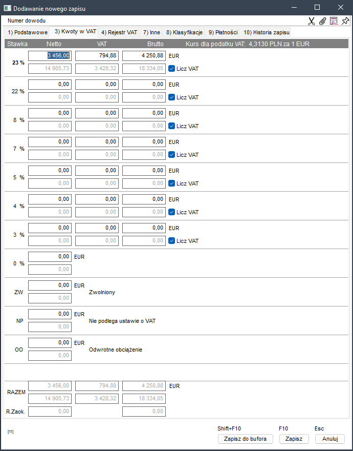 WAPRO Kaper. Okno - Dodawanie nowego zapisu, zakładka: Kwoty w VAT