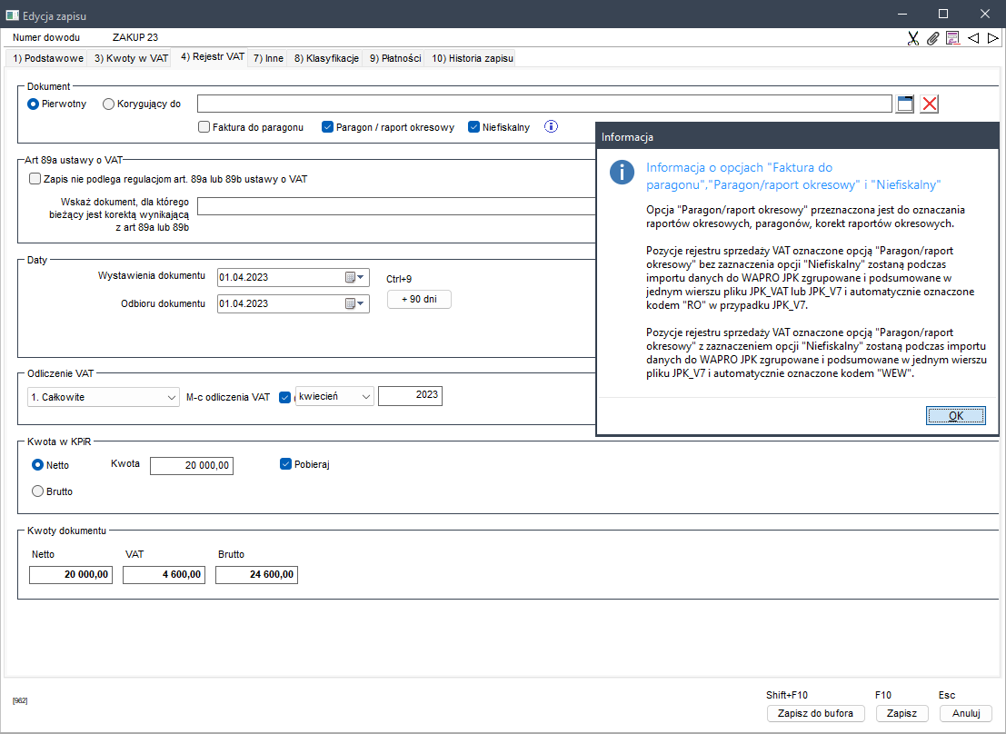 WAPRO Kaper. Okno - Edycja zapisu, zakładka &quot;Rejestr VAT&quot;