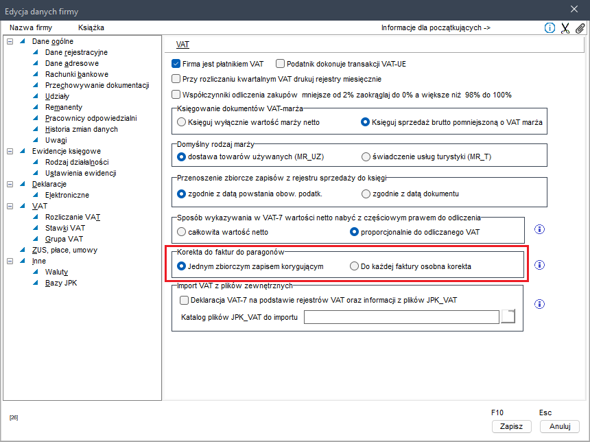 WAPRO Kaper. Okno - Edycja danych firmy, Sekcja: VAT, Parametry: Korekta do faktur do paragonów