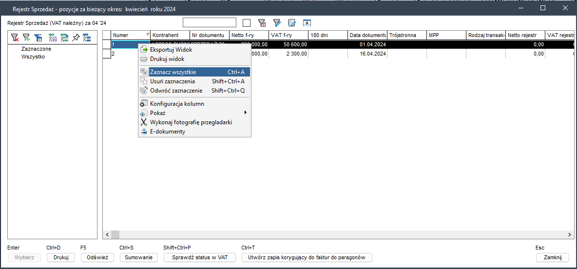 WAPRO Kaper. Okno - Rejestr sprzedaży za bieżący okres, Meny podręczne: &quot;Zaznacz wszystko&quot;