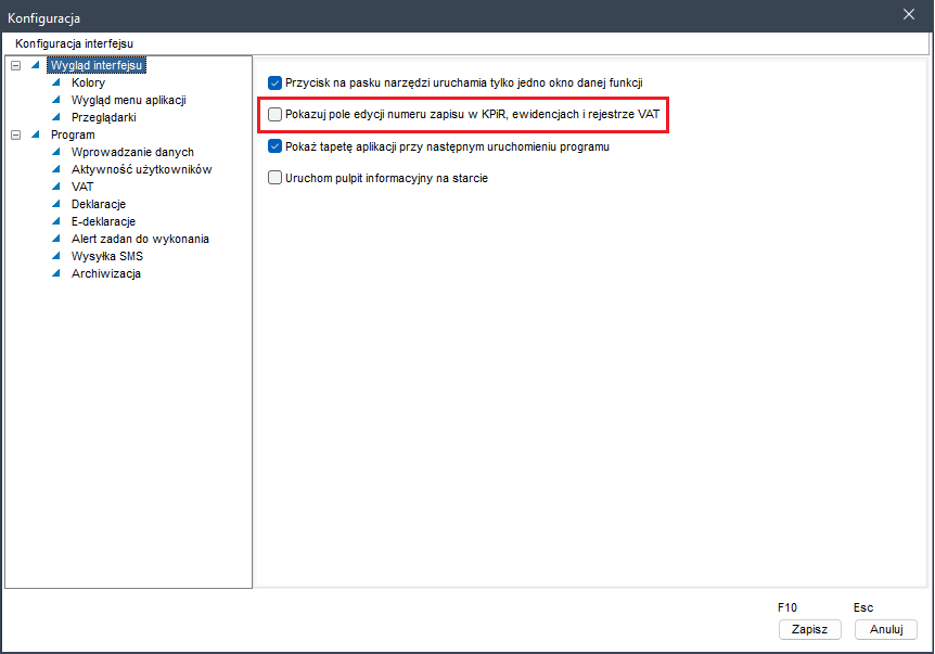 WAPRO Kaper. Okno - Konfiguracja, opcja: &quot;Udostępnij do edycji polen numeru zapisu w KPir, ewidencjach i rejestrze VAT&quot;