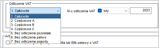 WAPRO Kaper. Okno - Dodawanie nowego zapisu w rejestrze VAT, sekcja: &quot;Odliczenie VAT&quot;