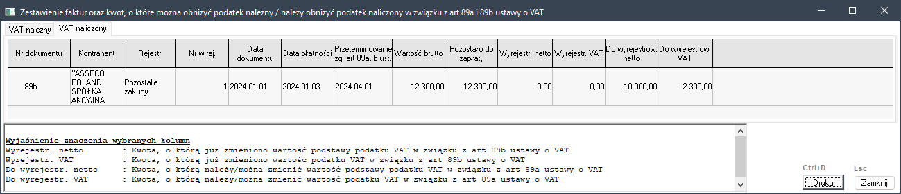 WAPRO Kaper. Okno - Zestawienie faktur oraz kwot, o które można obniżyć podatek VAT