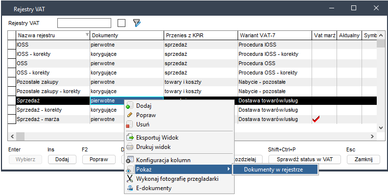 WAPRO Kaper. Okno - Rejestry VAT, menu podręczne: &quot;Dokumenty w rejestrze&quot;