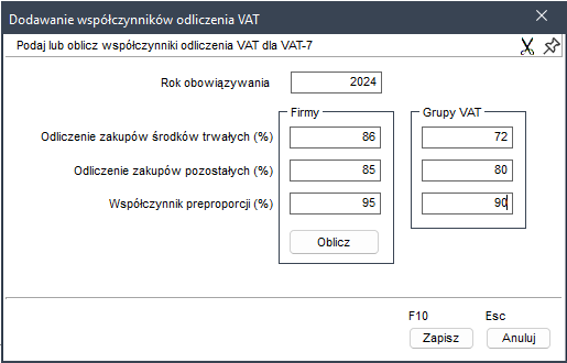 WAPRO Kaper. Dodawanie współczynnika odliczenia VAT