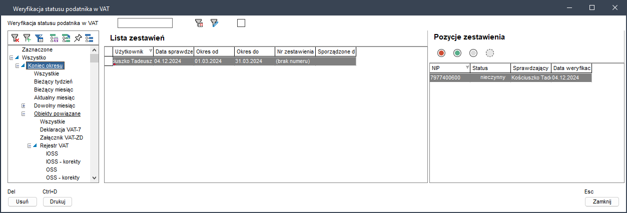WAPRO Kaper. Okno - Weryfikacja statusu podatnika w VAT, filtrowanie