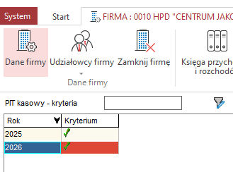 Wapro Kaper - Rejestr dopuszczenia metody kasowej PIT w latach obrotowych programu