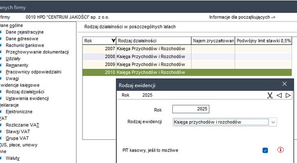 Wapro Kaper - Formatka &quot;Dane firmy | Sekcja: Rodzaj ewidencji&quot; - opcja właczania PIT kasowy