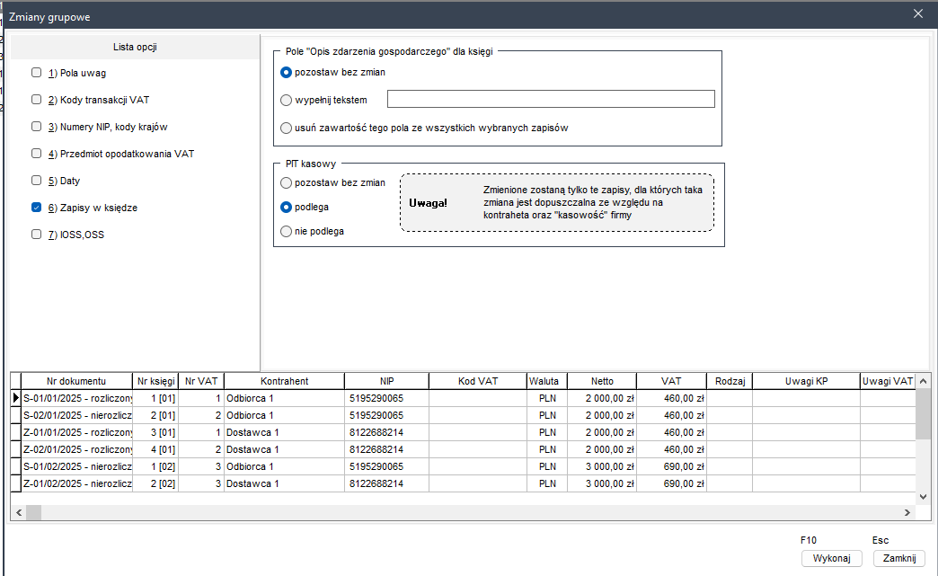 Wapro Kaper - Formatka &quot;Zmiany grupowe&quot; - konwersja dokumentów na rozliczane metodą kasową