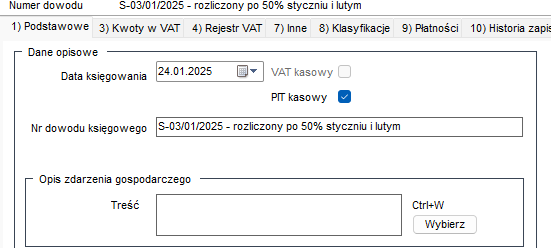 Wapro Kaper - Formatka dokumentu w księdze z oznaczeniem jako rozliczany metodą kasową PIT