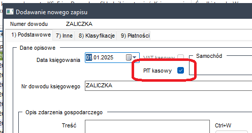 Wapro Kaper - Metoda kasowa PIT - Formatka &quot;Dodawanie nowego zapisu&quot; - przykład oznaczonego dokumentu metody kasowej