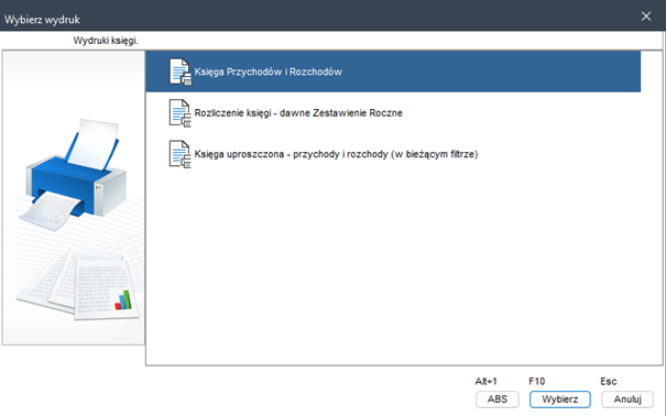 Wapro Kaper - Metoda kasowa PIT - Okno przeglądarki &quot;Księga - widok kasowy&quot; - lista wydruków do wyboru&quot;