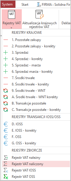 WAPRO Kaper. Główne menu programu, polecenie &quot;Rejestr VAt naliczony&quot;