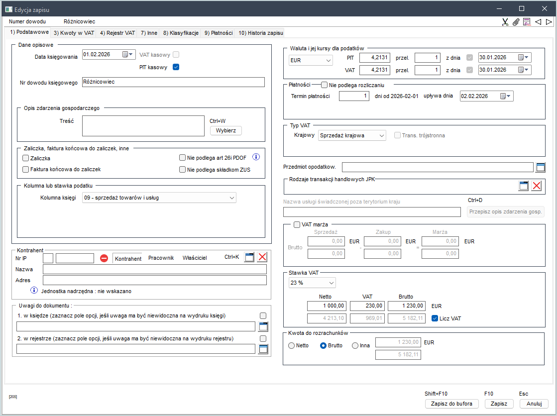 WAPRO Kaper. Dodawanie zapisu – zakładka „Podstawowe”