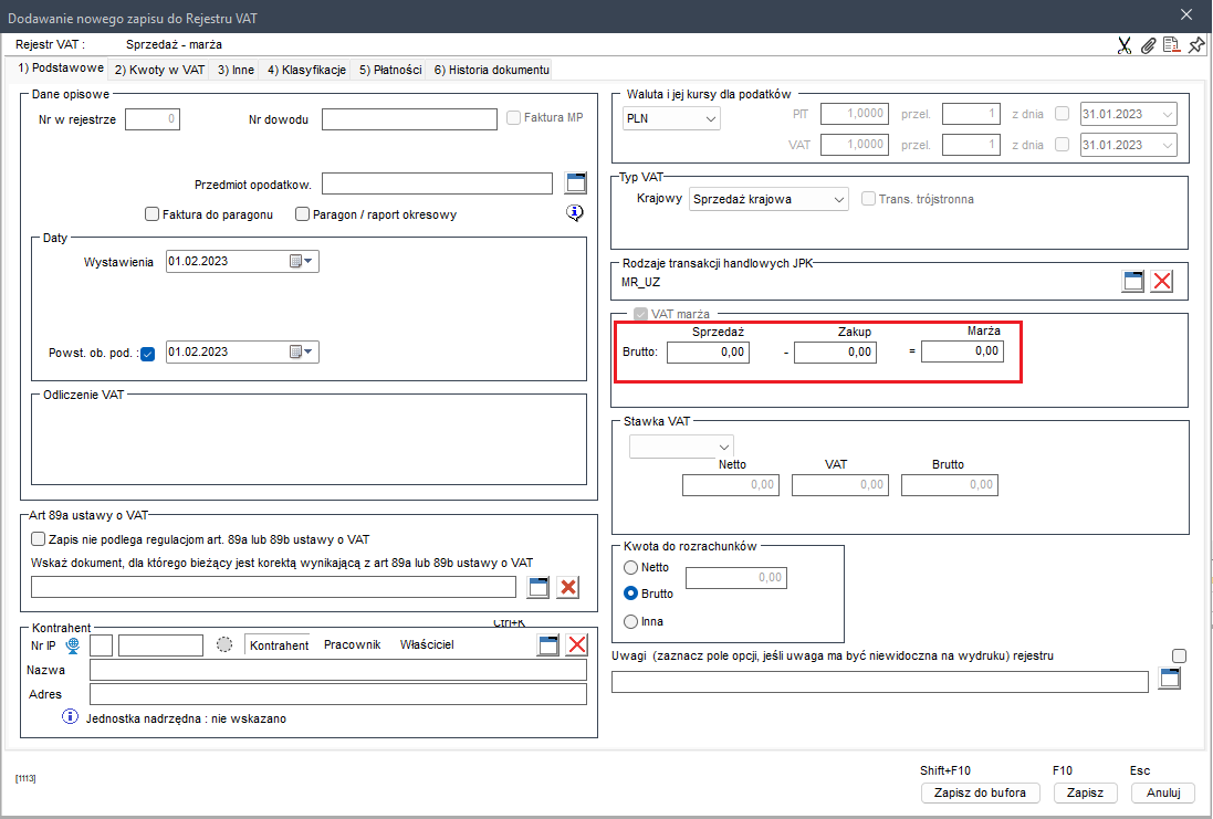 WAPRO Kaper. Okno - Dodawanie nowego zapisu w rejestrze VAT, sprzedaż VAT marża