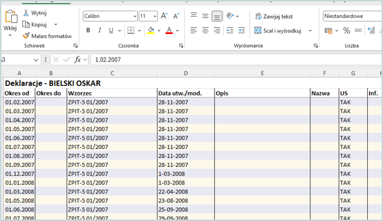 Wapro Kaper – lista deklaracji podatkowych wyeksportowana do programu Microsoft Excel w celu analizy i weryfikacji danych księgowych