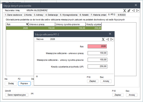 Wapro Kaper - edycja danych PIT-2 pracownika, miesięczne odliczenie od podatku i koszty uzyskania przychodu