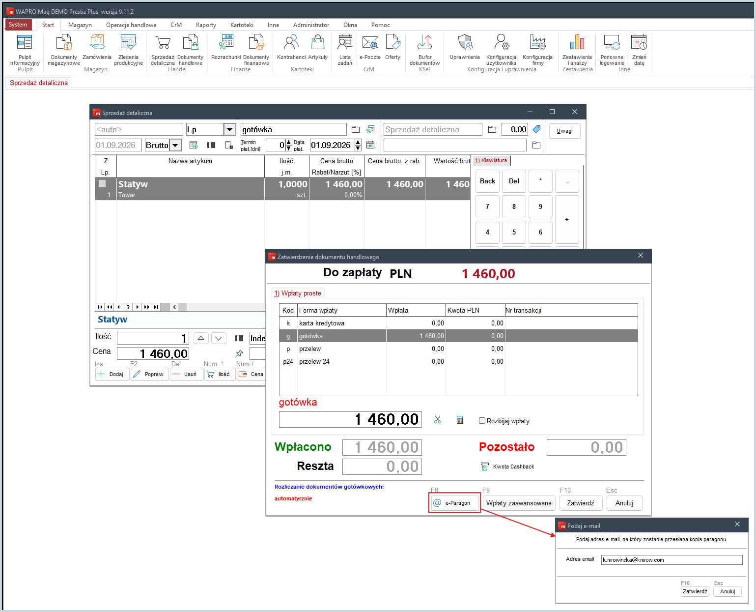 Paragon elektroniczny Wapro Mag – wysłanie e-paragonu na adres e-mail klienta w sprzedaży detalicznej