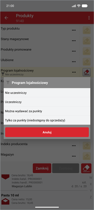 Filtrowanie produktów według programu lojalnościowego w Wapro Mobile