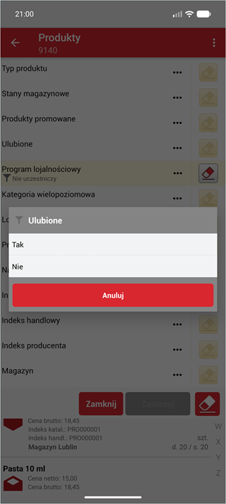 Filtrowanie ulubionych produktów w Wapro Mobile