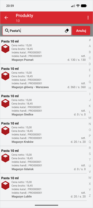Wyszukiwanie produktów z użyciem znaku procent w Wapro Mobile