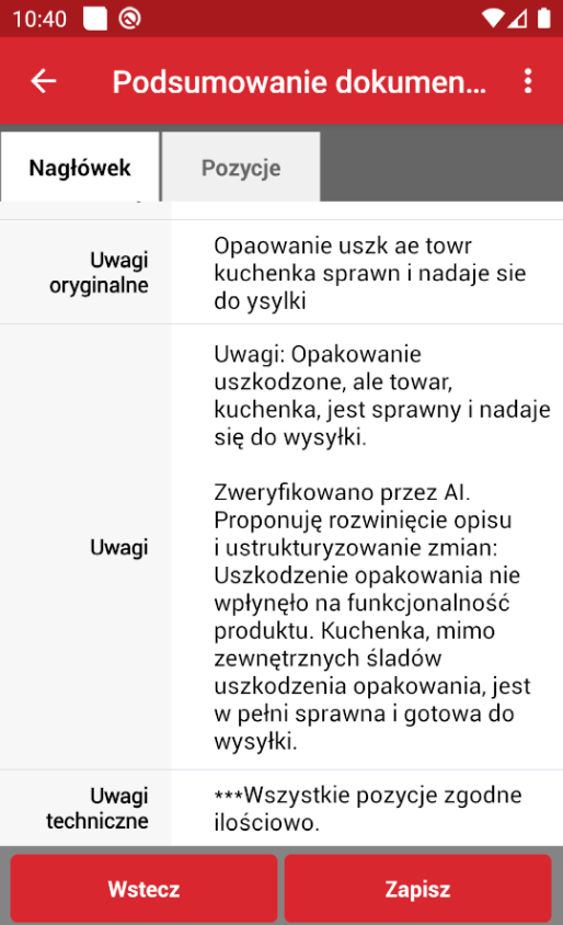 wapro mobilny magazynier AI ChatGPT Uwagi na dokumentach