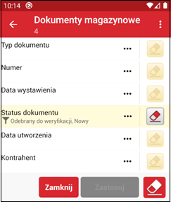 Wapro mobilny magazynier dokumenty filtrowanie