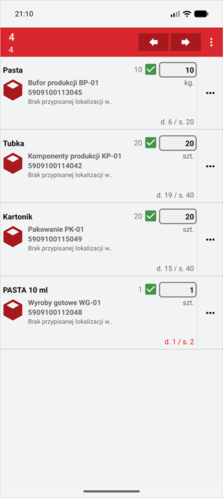 Pozycje dokumentu PW z kodami kreskowymi w Wapro Mobile Mag