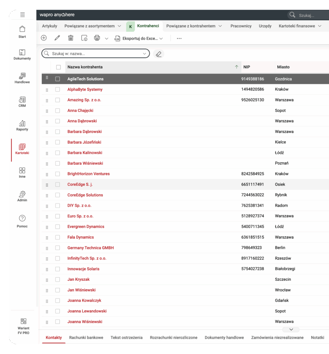 Screen systemu "Wapro fakturowanie" prezentujący Kontrahentów