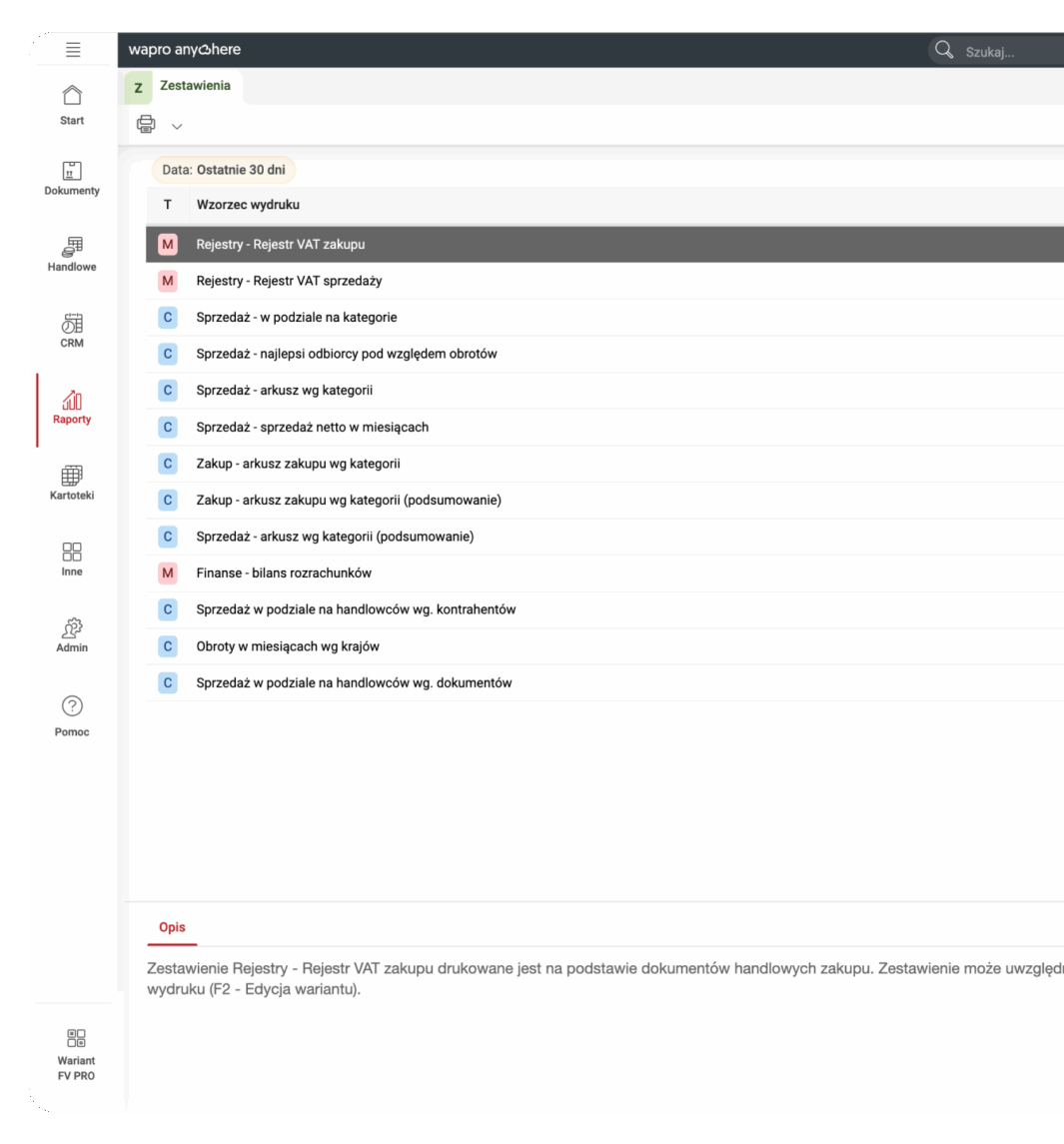 Screen systemu "Wapro fakturowanie" prezentujący raporty