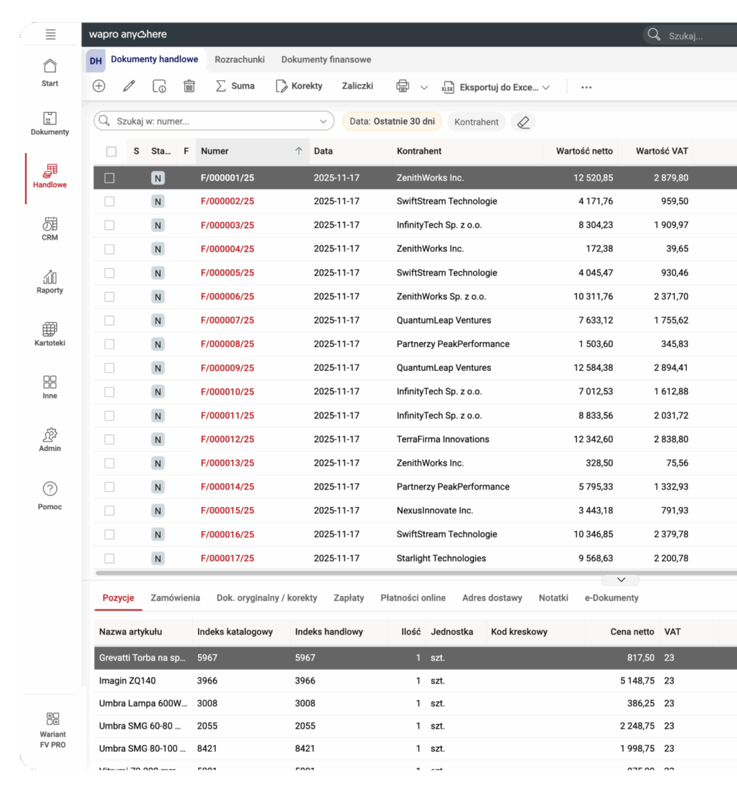Screen systemu "Wapro fakturowanie" prezentujący dokumenty