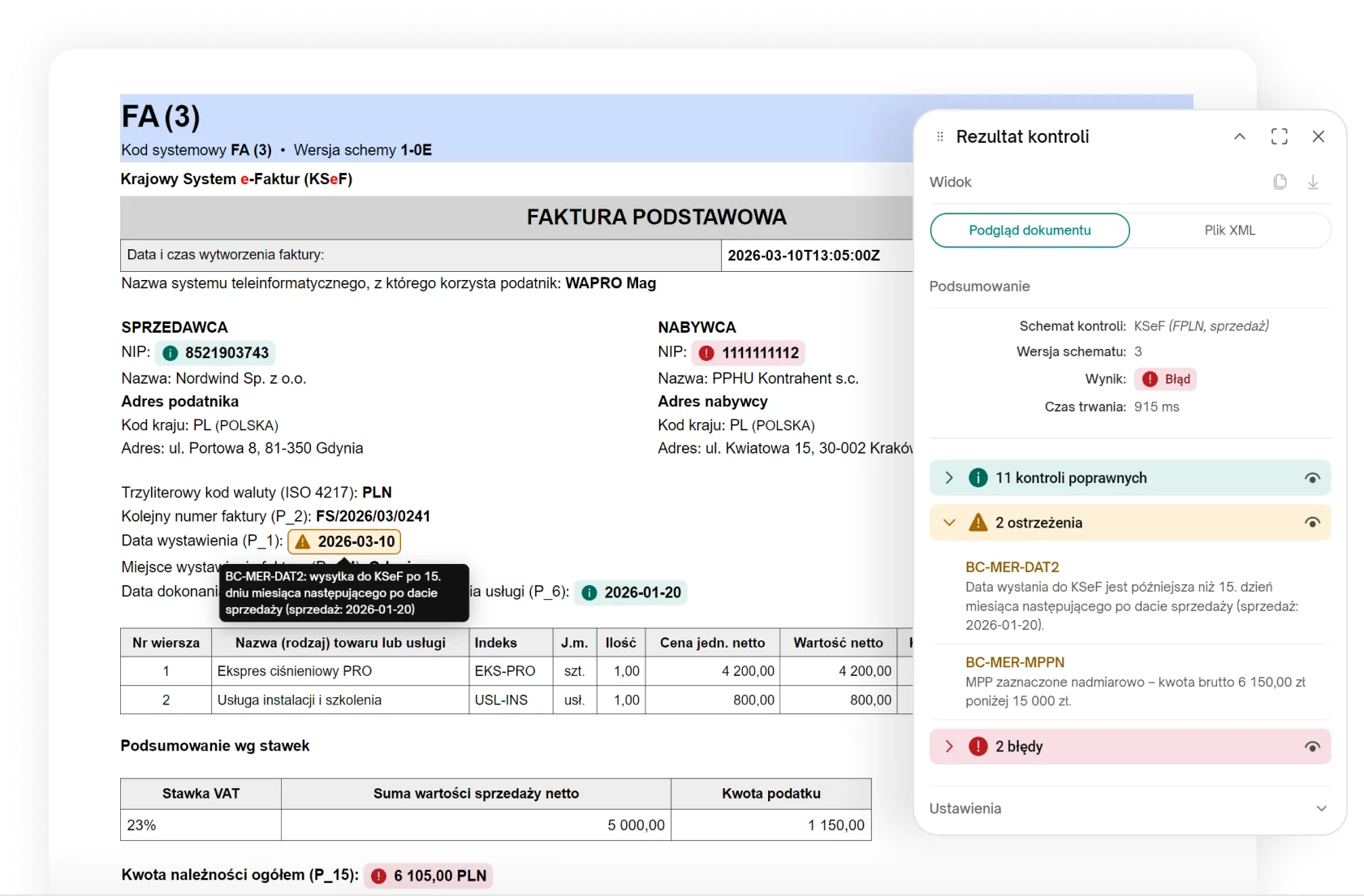 Businesscheck — wynik kontroli faktury